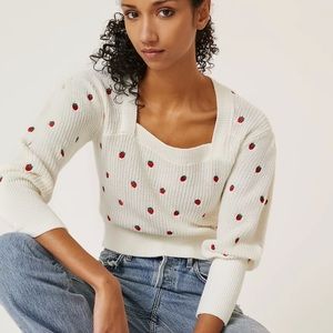 Anthropologie Maeve Embroidered Strawberry Sweater Top
